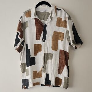 Zara Men's Linen Casual Abstract Pattern Shirt